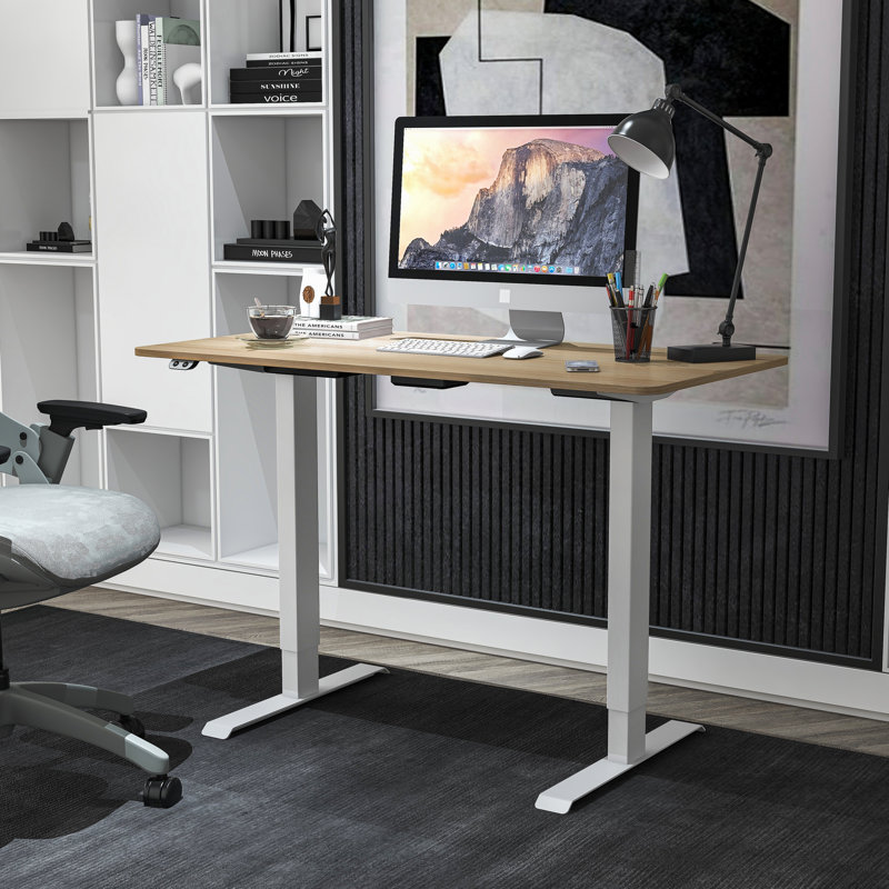 Myrick Adjustable Metal Base Standing Desk, Light Brown/White
