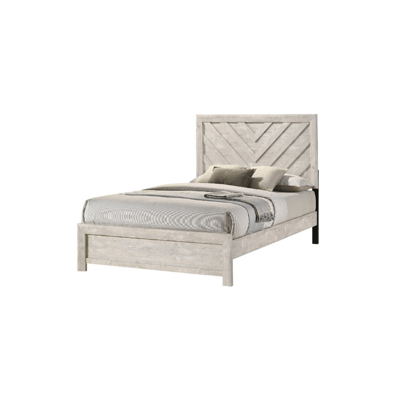 Lit simple gris rustique beige avec tête de lit d'inspiration géométrique, fabrication et décoration en bois massif