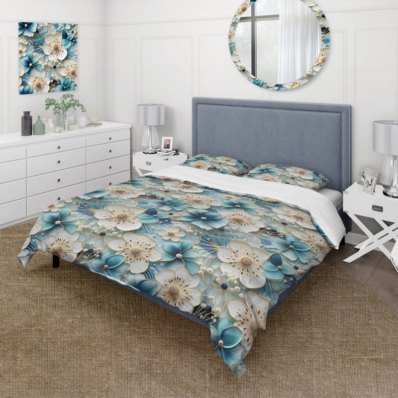 Ensemble de housse de couette fleurs bleues et blanches Simplicity, Housse de couette pour très grand lit et 2 très