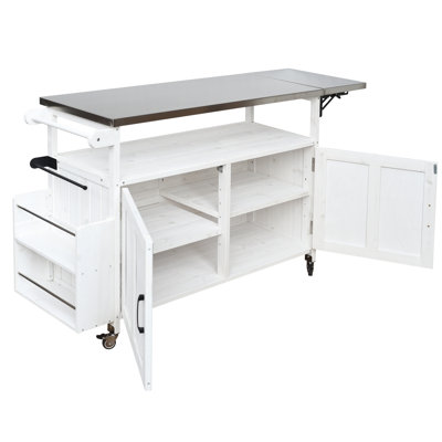 Îlot de cuisine portatif avec plateau rouille, structure en bois de sapin et tablette réglable, cuisine pliable blanche verrouillable, tablettes cachées, espace,