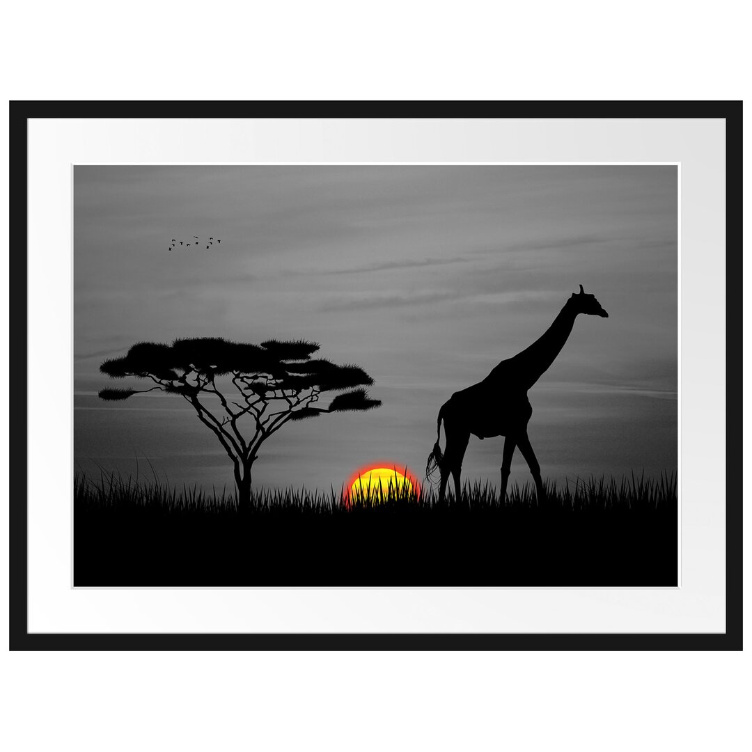 Gerahmtes Poster Giraffe im Sonnenuntergang