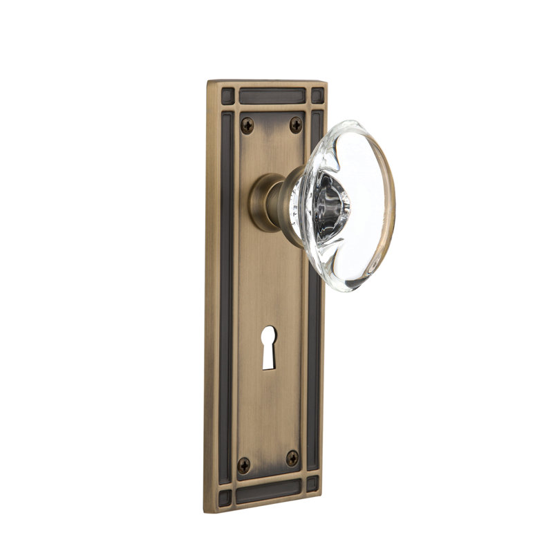 Crystal Oval Interior Mortise Door Knob with Mission Long Plate, Antique Brass
