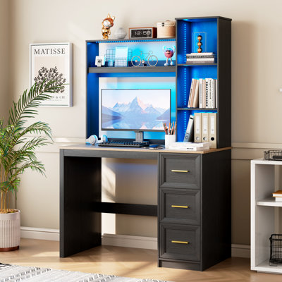 3-Drawer Computer Desk with Bookshelves and LED Lighting