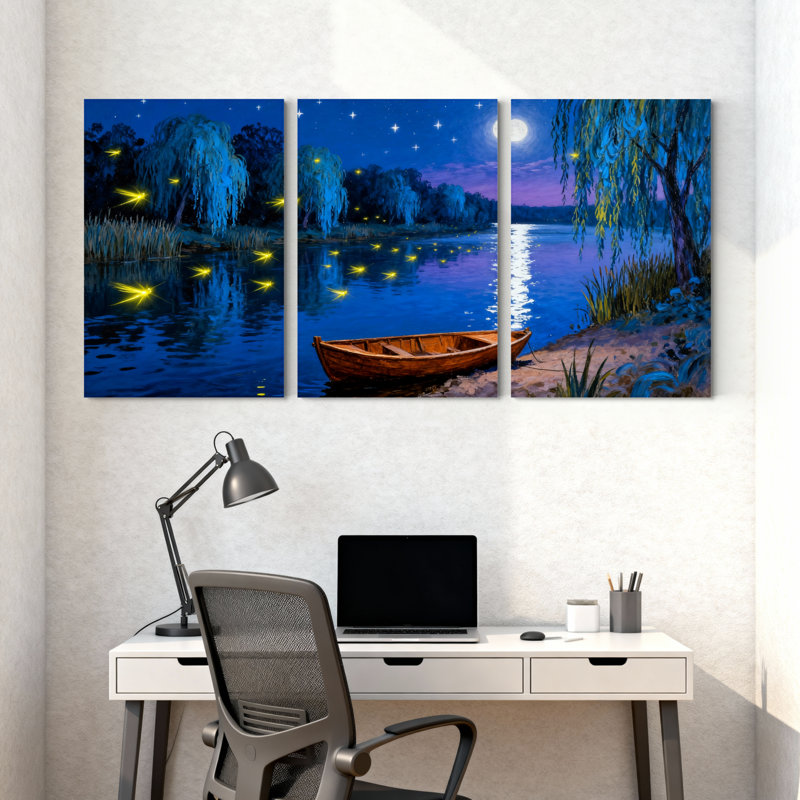 Abstrait nuit, bateau sur le lac, étoiles, lucioles, arbres, lune réfléchissante, ensemble de 3 impressions sur toile