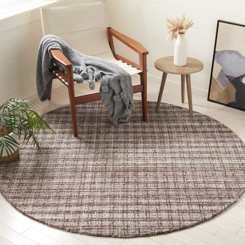 Nathasia Abstract Hand Tufted Wool/Cotton Plaid Rug in Brown/Gray, Round 6'