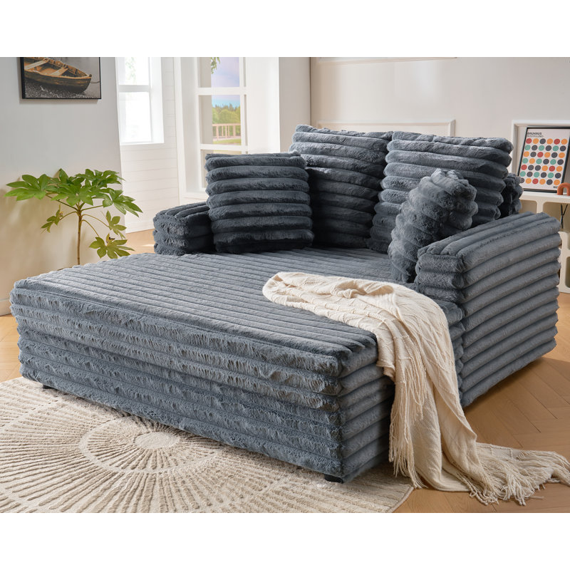 Bahi Faux Fur Upholstered Chaise Lounge with Toss Pillows, Gray Faux Fur