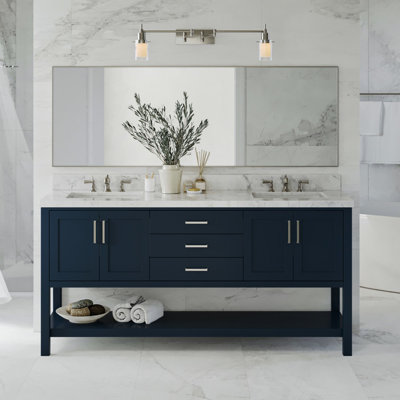 Meuble-lavabo double 73 po Moille en bleu de Carrare italien avec lavabo rectangulaire Moille