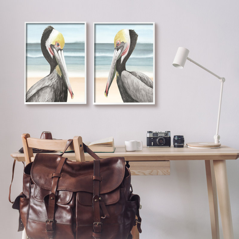 «Pelicans On Beach», reproduction encadrée sur bois 2 pièces, H 20 po x l 32 po x P 1,5 po, Giclée encadrée blanc bord de mer