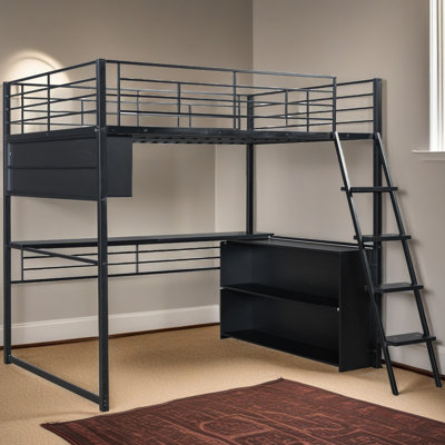 Metal Loft Bed With LED, Desk And 4 Storage Shelves, Black