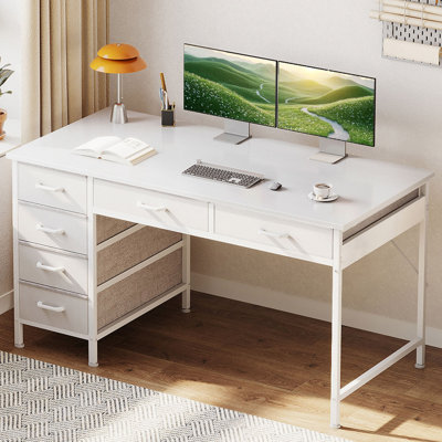 Bureau d'écriture avec 6 tiroirs en tissu, bureau à domicile avec design réversible, bureau d'angle moderne avec structure solide