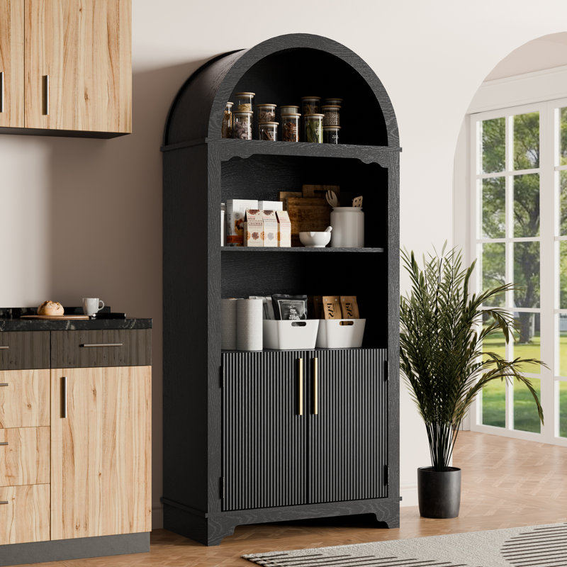 Arched Display Cabinet With Decorative Striped Doors, Modern Accent Storage Cabinet, Satin Black