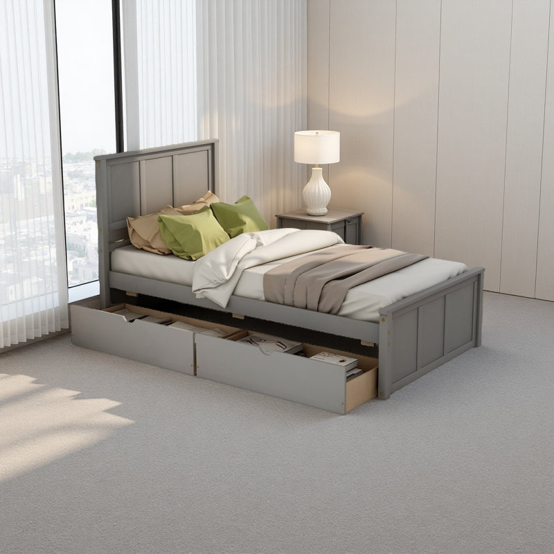 Lit plateforme avec rangement, 2 tiroirs avec roulettes, structure simple, Gris