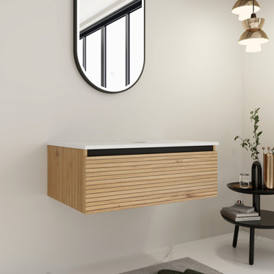 Meuble-lavabo de 30 po avec 1 tiroir à fermeture en douceur, design contemporain, couleur café, contreplaqué, égratignure et eau, grand rangement au bas, style flottant à rayures de mi-été, idéal pour les décorations