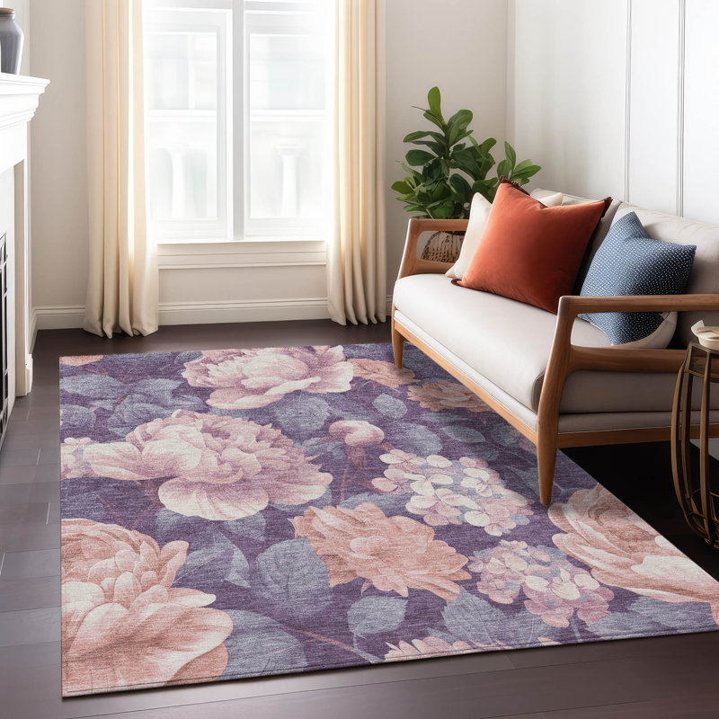 Floral Red and Purple Synthetic Washable Area Rug 3' x 5'