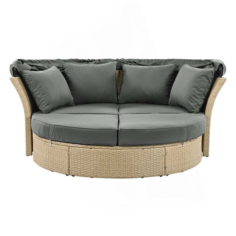Outdoor Patio Daybed Wicker Rattan Double Daybed Round Sofa Furniture Set With Retractable Canopy, 4 Pillows For Lawn Garden Backyard Porch Pool