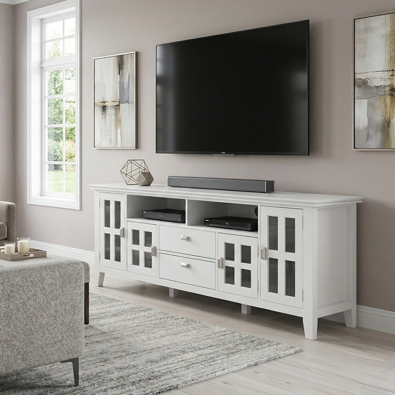 Artisan 72"W Solid Wood Transitional TV Stand for TVs up to 80" with 4 Cabinets, 2 Drawers, and Adjustable Shelves, White