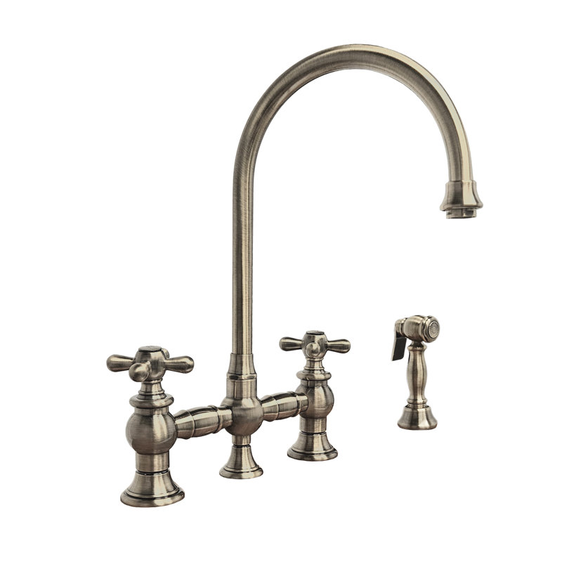 Whitehaus Collection Bridge Faucet with Long Gooseneck Swivel Spout, Lever Handles and Solid Brass Side Spray, Brushed Nickel