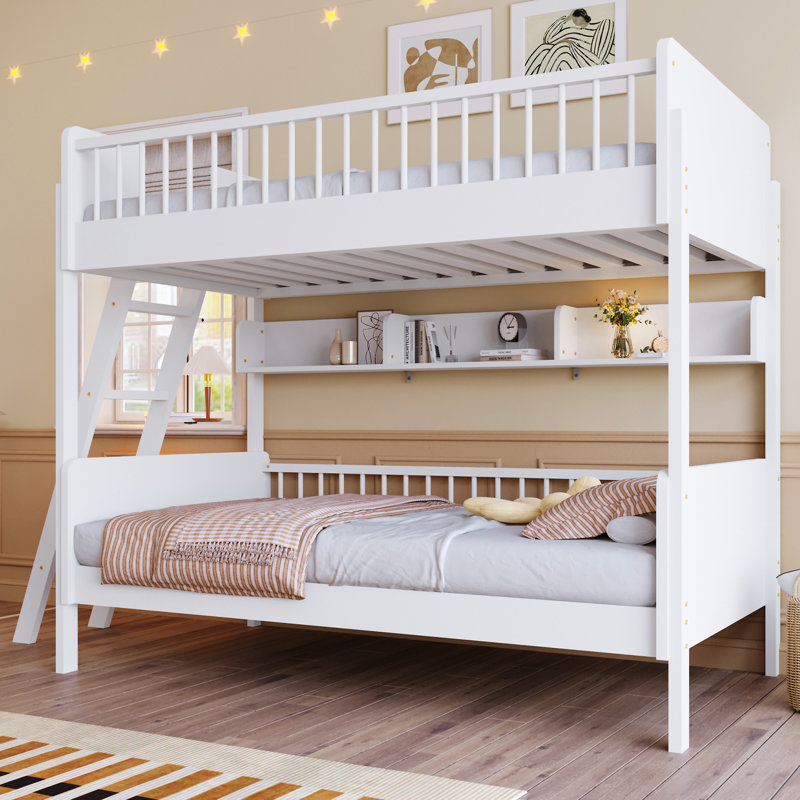 Lit superposé en bois avec 3 tablettes de rangement, Blanc