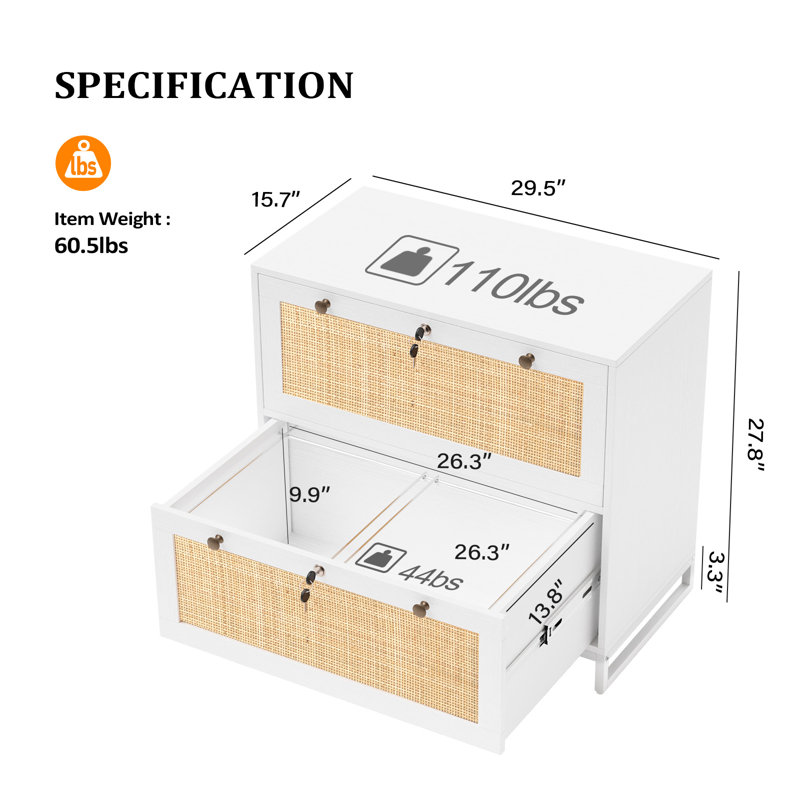 White and Natural Rattan 2-Drawer Lockable File Cabinet