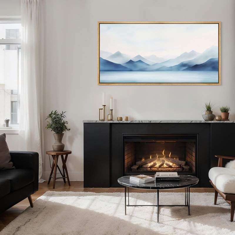«Minimal Landscape Tranquil Hues Soft Blue Mountain Range», reproduction sur toile encadrée, H 30 po x l 60 po, Naturel