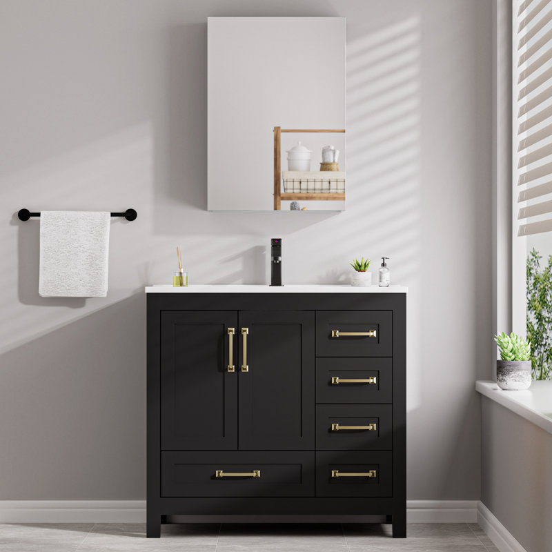 Meuble-lavabo de 36 po avec comptoir d'évier, miroir de rangement mural avec armoire à pharmacie de 20 po, robinet et drain
