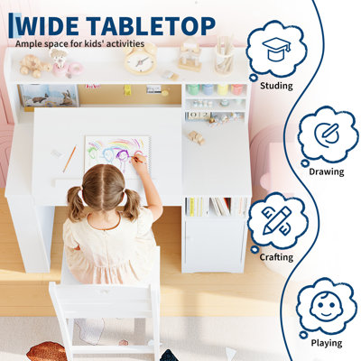 Kids Study Desk & Chair Set with Storage, Kids Study Desk with Hutch and Tiltable Desktop