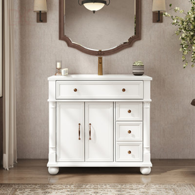 35.6" Mid-Century Bathroom Vanity Sink With Roman Column Base, Farmhouse Freestanding Bathroom Vanity Sink With Storage, High-End Restroom Vanity Cabinet With Metal Handles & Solid Wood Frame