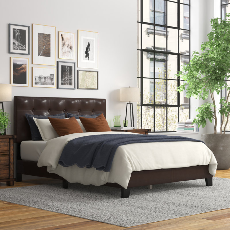 Bed, Platform, Bedroom, Frame, Upholstered, Pu Leather Look, Transitional, Dark Brown, Queen