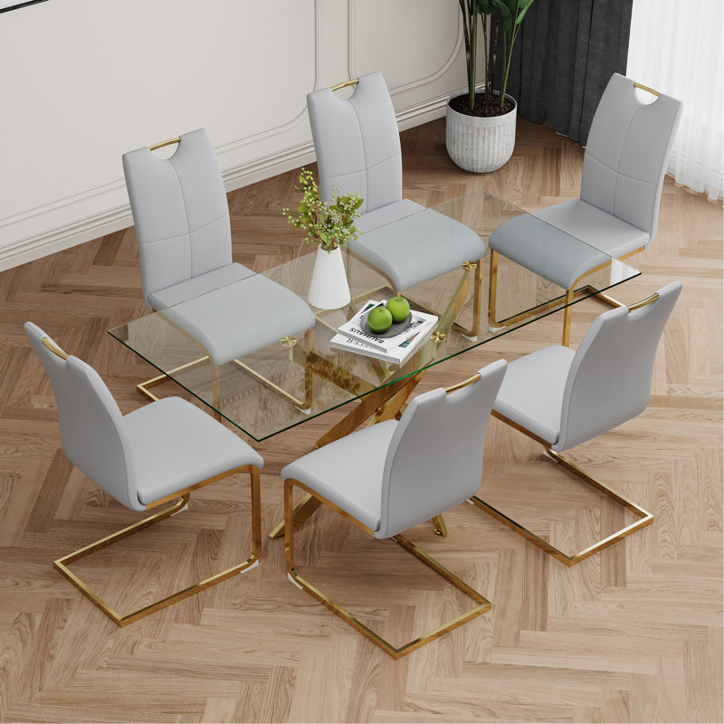 Ambernique 18.5'' H Faux Leather Upholstered Metal Side Chair, Gold, 2, Gray
