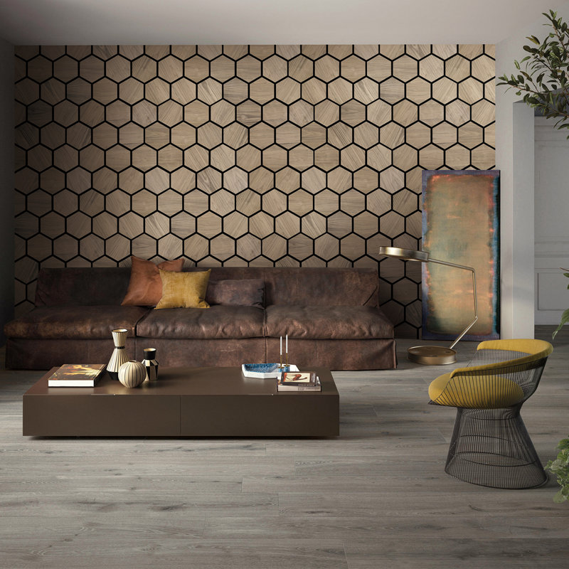 29"x23.8" 3D Hexagon DIY Acoustic Wall Paneling Natural Wood Veneer Decorative Soundproof (Set of 4), Walnut