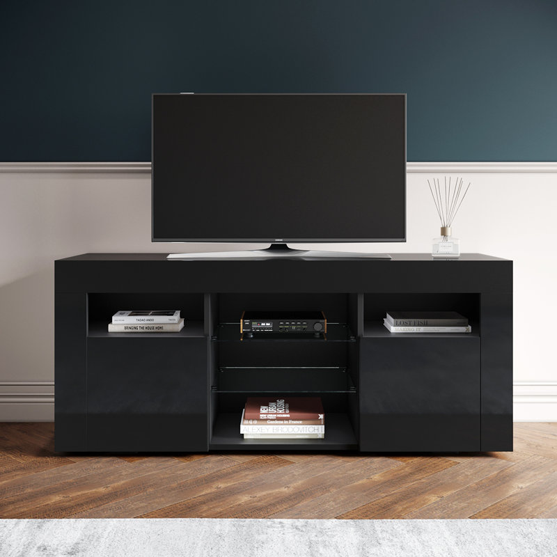 Nuo 120Lx35Wx50H LED TV Stand/TV Cabinet, 2 Side Doors 5 Storage, High Gloss, 12W, For 50" TVs, Black