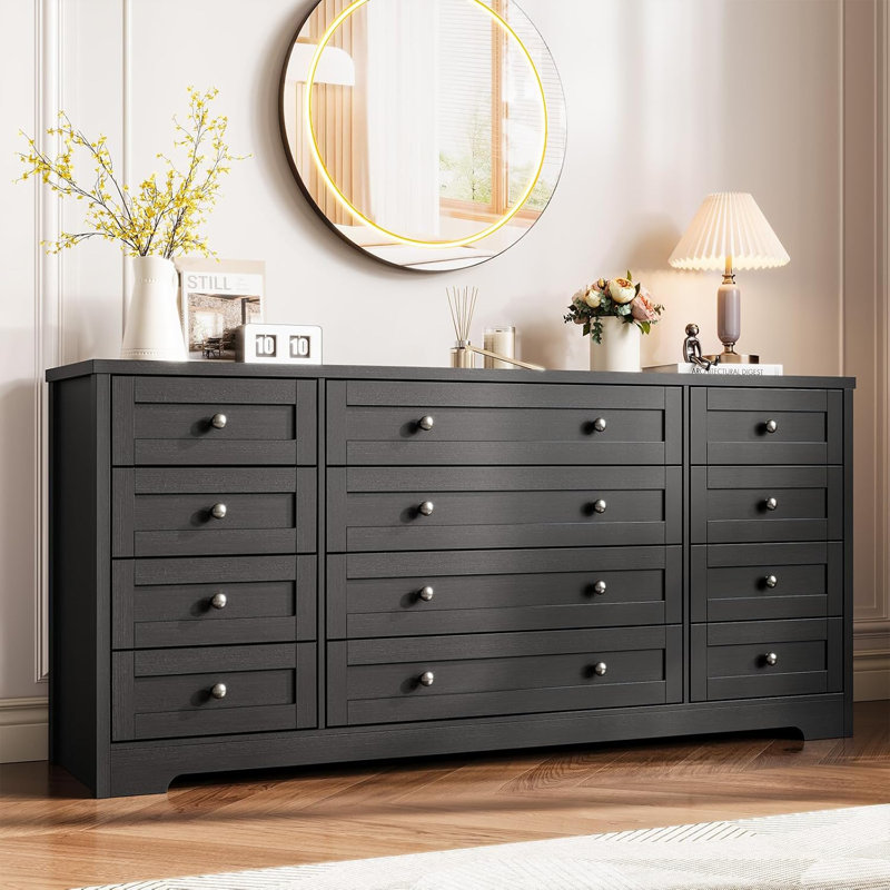 12 Drawers Wood Dressers, 63" Long TV Stand Dresser for 65 Inch TV, Black