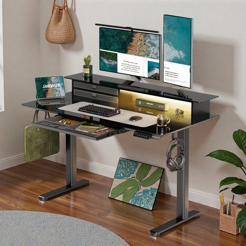 Adjustable Height Tempered Glass Steel Standing Desk, Black