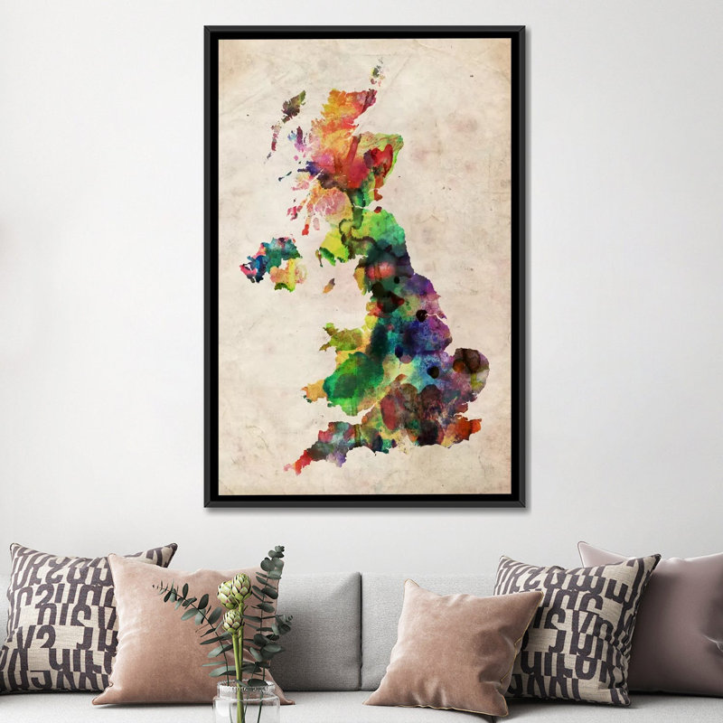 « united kingdom aquarelle map » par michael thompsett, reproduction d’art sur toile tendue, H 26 po x l 18 po x P 1,5 po
