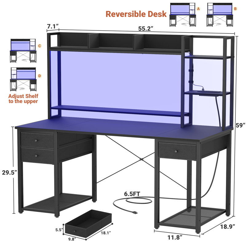 47"-59" Computer Desk with LED Lights & Outlet & Hutch, 59" H x 55.2" W x 18.9" D, Black