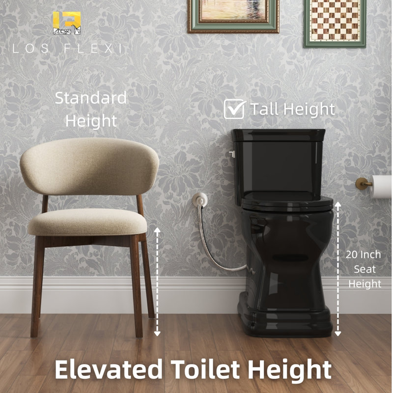 Los Flexi Glossy Black Tall Toilet, One-Piece Elongated Chair Height Toilet with Soft-Close Seat, 1.28 GPF Swirl Flush, 12" Rough-In