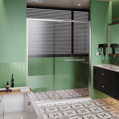 60.In W X 72.In H Pivot Shower Door, 1/4 Inch Thick Clear Tempered Glass Swing Shower Door With Stainless Steel Handle, Chrome