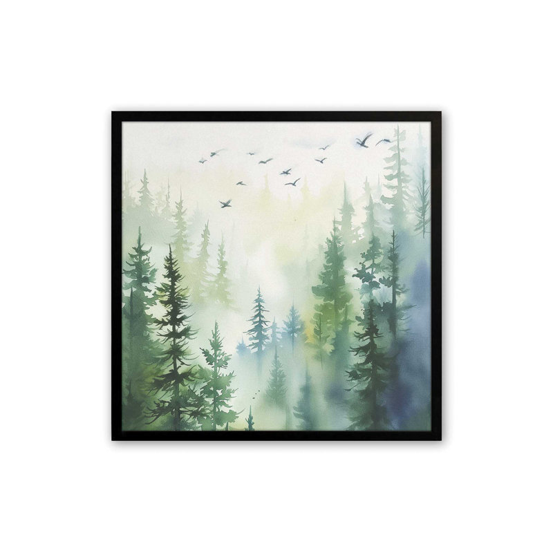Oiseaux des bois dans la brume I, Cadre noir satiné, H 21,75 po x l 21,75 po
