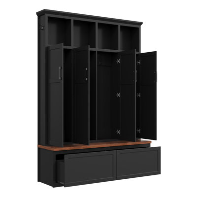 Modern Farmhouse Hall Tree with Storage Bench 4 Cabinets 2 Drawers and 6 Hooks for Entryway Mudroom