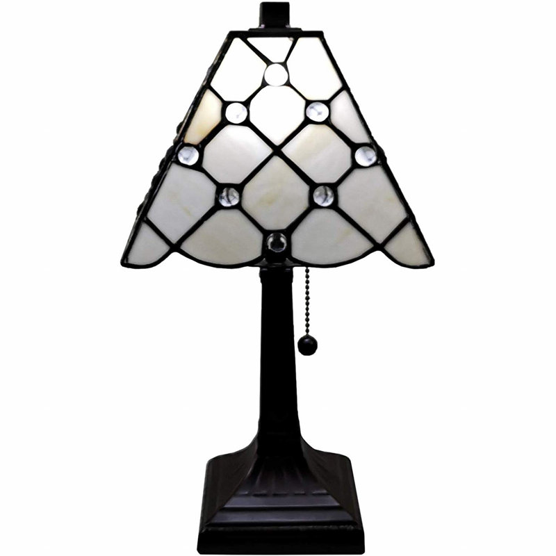 15" White Stained Glass Table Lamp with Faux Crystal Accents