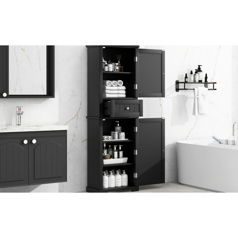 Grande armoire de salle de bain noire avec tablette réglable et tiroir inférieur visible latéral