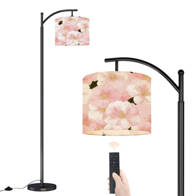 Arc Floor Lamp with Adjustable Lampshade Soft Pink White Camellia Flower Gold vintage Standing Lamp 3 Color Temperatures Dimmable Tall Pole Lamp with Foot Switch for Bedroom