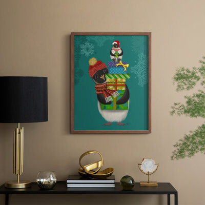Cadeaux de Noël pingouin, reproduction encadrée - bois massif