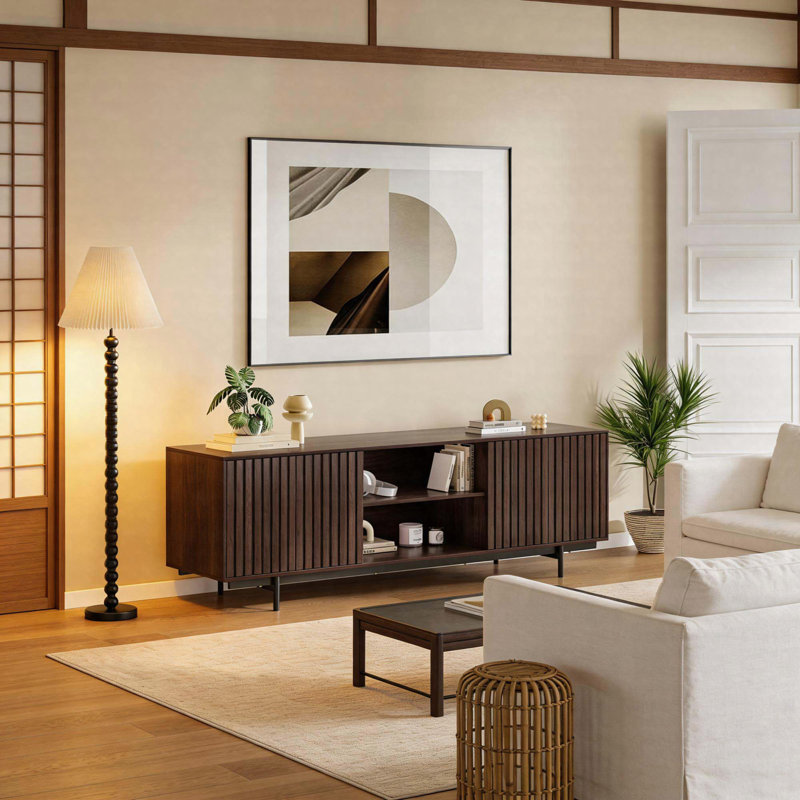 Mid-Century Modern TV Stand For Tvs Up To 75", Fluted Wood Entertainment Center With Pop-Up Doors, Farmhouse Media Console With Storage