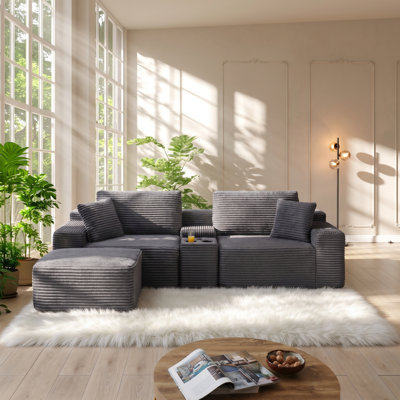 Canapé-lit modulaire 4 places en velours côtelé avec rangement, porte-gobelets et ports USB Aijia Modern l 111 po x P 63,41 po x H 35,4 po