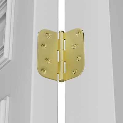 3 Pack Satin Brass Residential Heavy Duty Iron Door Hinges, 4 Inch x 4 Inch Interior and Exterior Gold Door Hinges with 5/8" Radius Corners