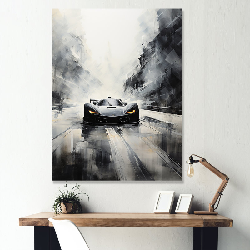Gray Minimalist Race Car Traces I - Art mural de course, Toile tendue, H 40 po x l 30 po x P 1,5 po