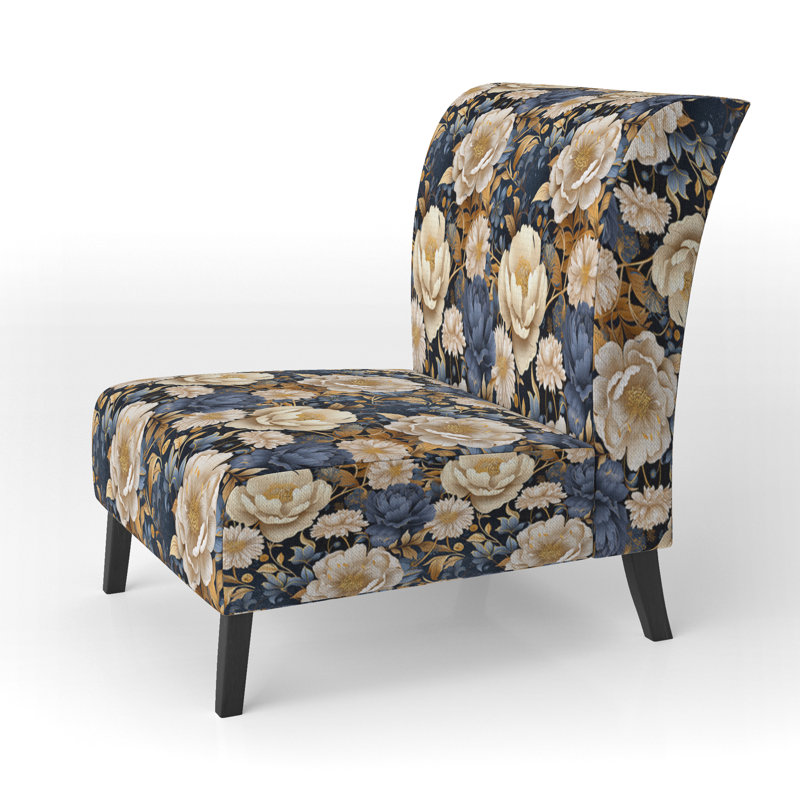 Motif de pivoines bleues et beiges - Fauteuil de chambre rembourré de style campagnard, fauteuil d'appoint floral rustique