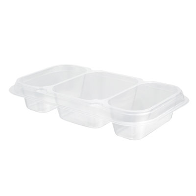 Restaurantware-TRAYS ONLY: Futura 15.2 Ounce Trays For Containers, 100 Microwavable Trays For 24, 34, And 44 Ounce Containers - Containers Sold Separately, 3 Compartments, Clear Plastic Food Trays
