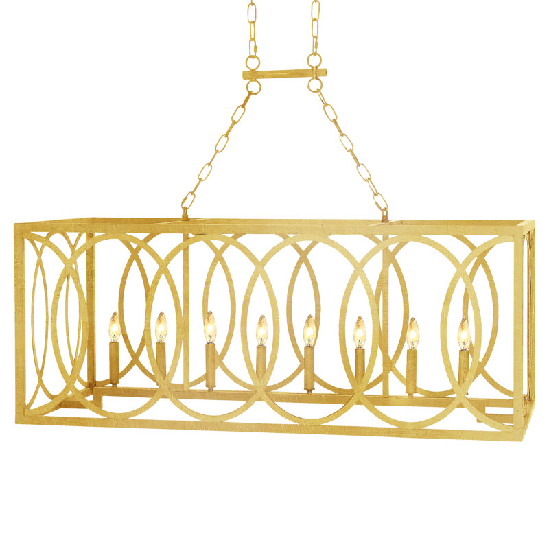 Lustre rectangulaire pour îlot de cuisine à 8 lumières New Orleans, H 18 po x l 45 po x P 18 po, Feuille d’or
